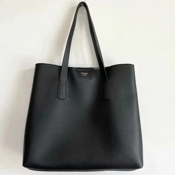 NWOT Guess Black Satchel Shoulder Bag Faux Leather Gold Hardware Pebbled Classic - Picture 1 of 13